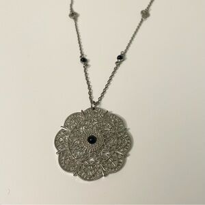 Silver Tone Filigree Mandala Pendant Necklace 38” Long Boho Black Stone